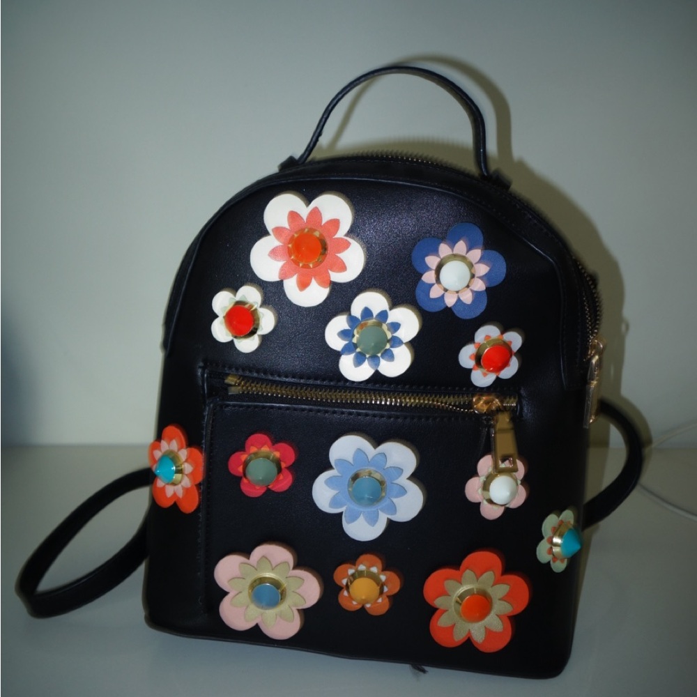 Floral Embellished Black Backpack